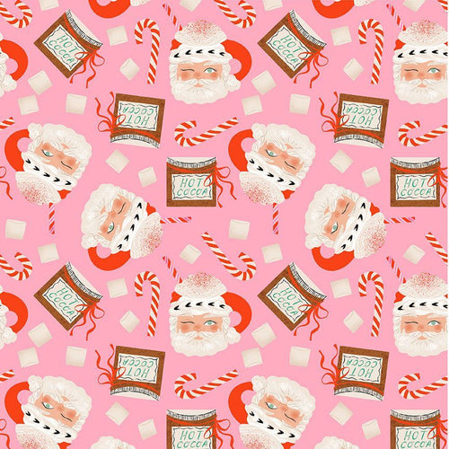Holly Jolly by Dear Stella cotton quilt fabric Christmas Holiday Vintage Retro style Santa face cocoa mugs winking red and white striped candy canes whipped cream