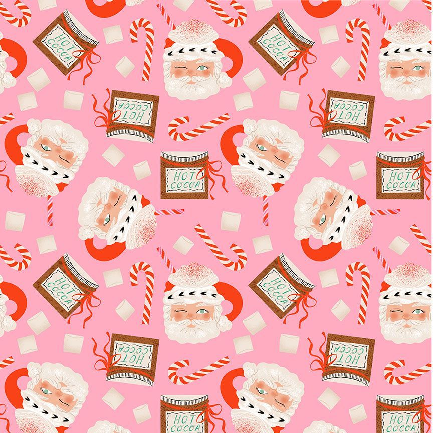 Holly Jolly by Dear Stella cotton quilt fabric Christmas Holiday Vintage Retro style Santa face cocoa mugs winking red and white striped candy canes whipped cream
