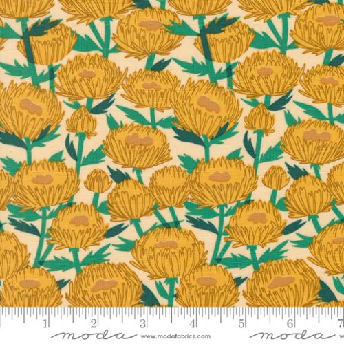 Love Letter Lizzy House Moda Fabrics quilting cotton sand background golden yellow chrysanthemums mums bright green stem and leaves floral