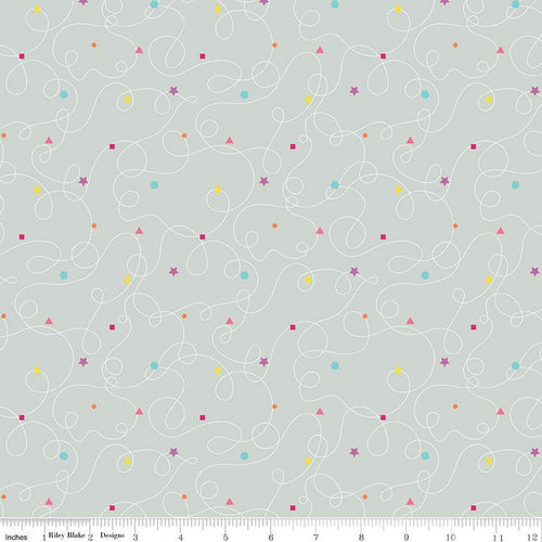 Effervescence Circles Riley Blake Designs light gray white squiggles multi-colored stars triangles squares dots in aqua hot pink violet yellow orange quilt weight cotton 