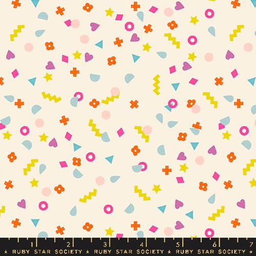 Ruby Star Society Moda Fabric Washi plus Rashida Coleman Hale novelty quilt weight fabric natural cream background multi-colored scattered symbols orange magenta yellow aqua turquoise gold geometric shapes