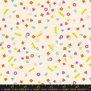 Ruby Star Society Moda Fabric Washi plus Rashida Coleman Hale novelty quilt weight fabric natural cream background multi-colored scattered symbols orange magenta yellow aqua turquoise gold geometric shapes