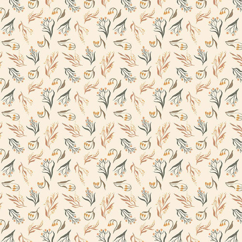 Dear Stella fabric Rae Ritchie cream background small tossed fall colored floral flowers gold green beige quilt weight cotton