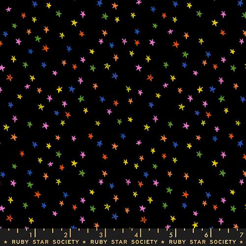 Moda Fabric Ruby Star Society quilt fabric background Mini Starry Vivid Rainbow on Black scattered 