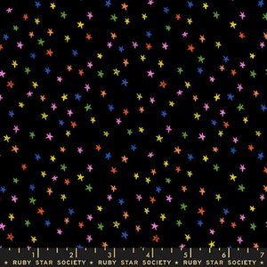 Moda Fabric Ruby Star Society quilt fabric background Mini Starry Vivid Rainbow on Black scattered 