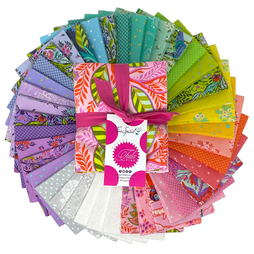 Tula Pink Full Moon Forest II Freespirit cotton quilt bag garment fabric fat quarter bundle 40 prints true colors animals interpretive bright colors lime green lavender peachy orange buttercup yellow gray and white tone on tone