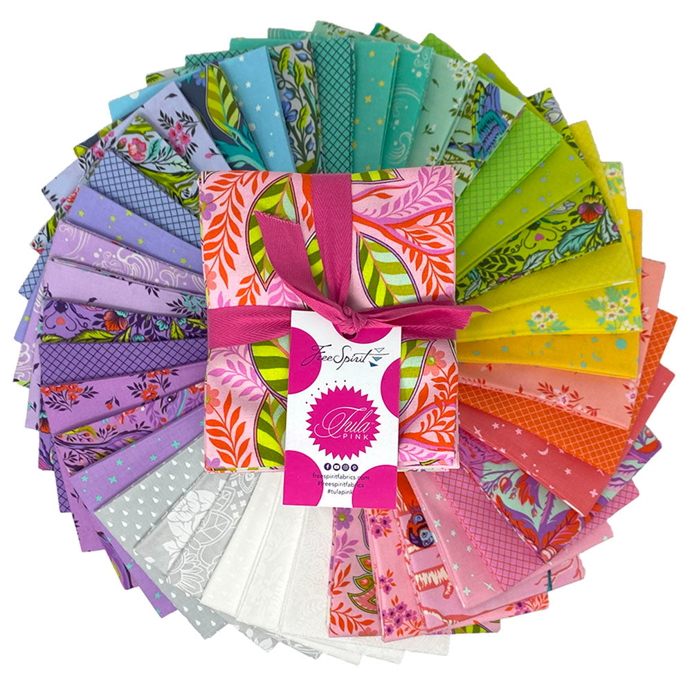 Tula Pink Full Moon Forest II Freespirit cotton quilt bag garment fabric fat quarter bundle 40 prints true colors animals interpretive bright colors lime green lavender peachy orange buttercup yellow gray and white tone on tone