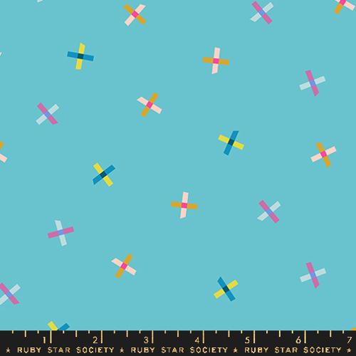 Ruby Star Society Moda Fabric Washi plus Rashida Coleman Hale novelty quilt weight fabric turquoise blue background bright colored washi tape firefly bugs lightening crosses