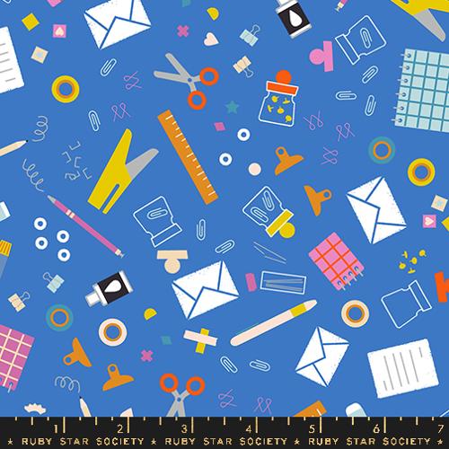 Novelty Salutations Rashida Coleman Hale Ruby Star Society Moda Fabrics Cotton Quilt garment bags lapis blue background tossed office supplies in various sizes pink orange yellow window pane green greenish turquoise grids orangy red binder clip