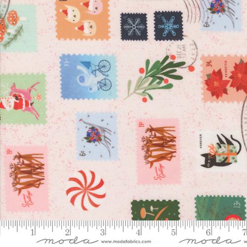 Lizzy House Tiny Christmas Moda Fabric quilt cotton blush snow pink background holiday stamps winter scenes