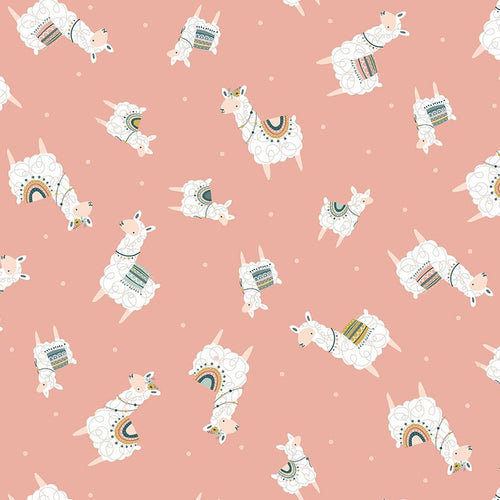 Timeless Treasures novelty print tossed llamas in various sizes rose pink background cotton quilt weight fabric 
