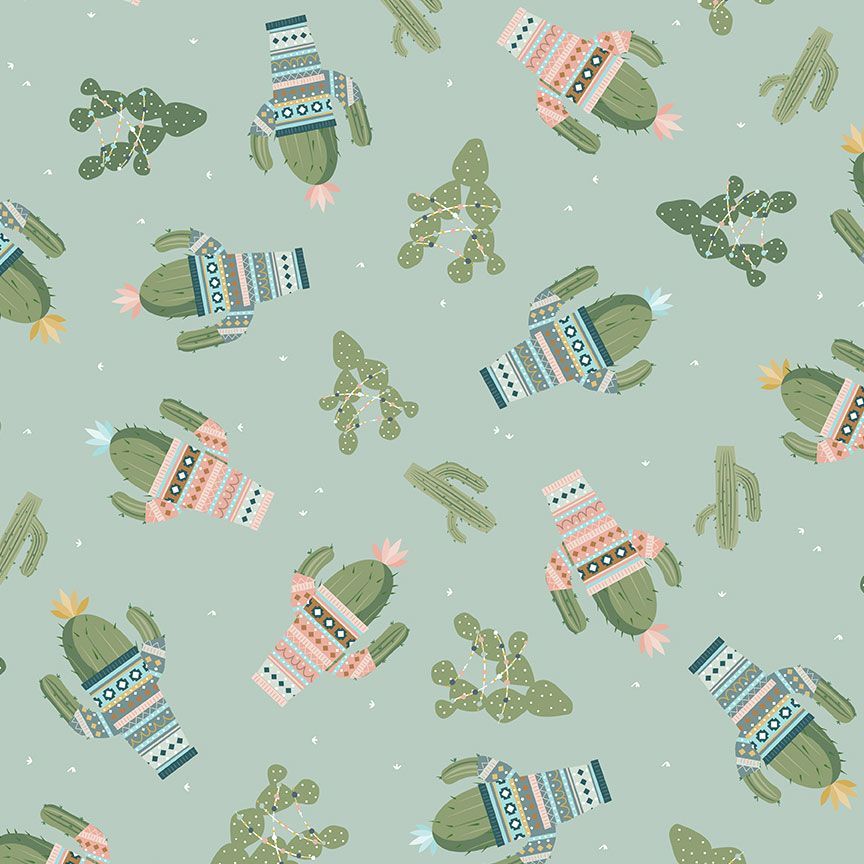 Timeless Treasures novelty print cactuses wearing sweaters in pink and teal on mint green background cotton quilt weight fabric 