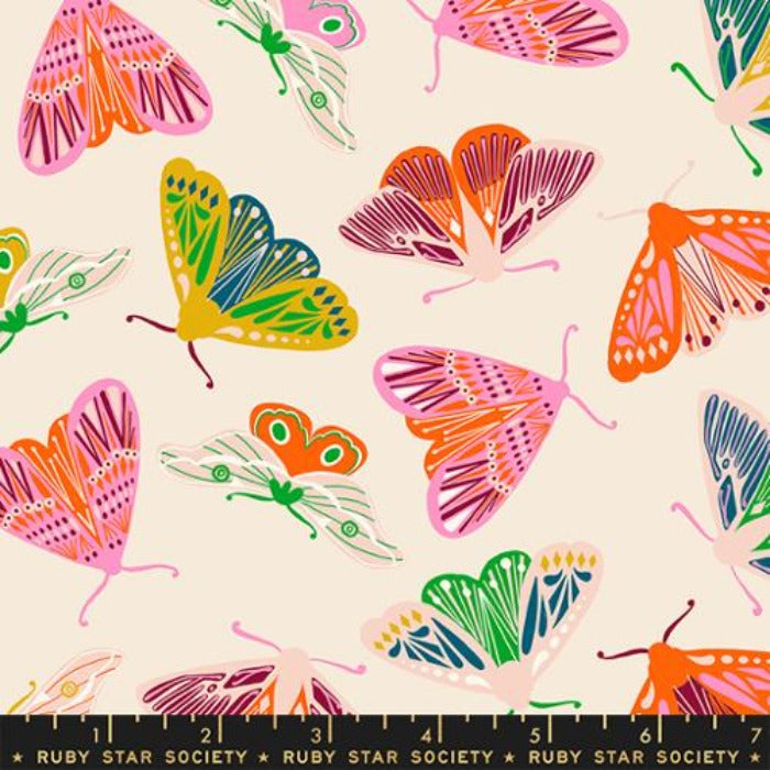 Flowerland by Melody Miller for Ruby Star Society Moda Fabrics  quilt weight cotton fabric garments bags quilting natural cream background various sized butterflies in bright green orange hot pink turquoise and gold scattered non-directional 