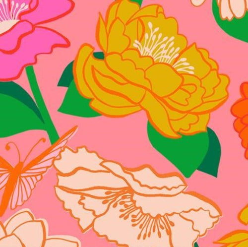 Flowerland by Melody Miller for Ruby Star Society Moda Fabrics  quilt weight cotton fabric garments bags quilting Sorbet peach pink background large flowers in gold hot pink magenta and cream with orange outline bright green leaves and butterfly