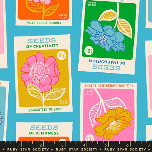 Flowerland by Melody Miller for Ruby Star Society Moda Fabrics  quilt weight cotton fabric garments bags quilting Summer Sky seed packet floral aqua blue background large flowers in gold hot pink magenta and cream with orange outline bright green leaves 