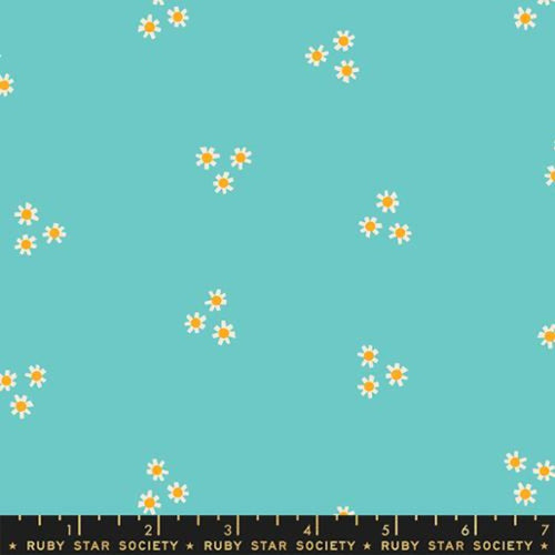 Flowerland by Melody Miller for Ruby Star Society Moda Fabrics  quilt weight cotton fabric garments bags quilting background turquoise clusters of mini tiny white and yellow daisies scattered