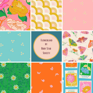 Flowerland by Melody Miller for Ruby Star Society Moda Fabrics  quilt weight cotton fabric garments bags quilting Sorbet peach pink background large flowers in gold hot pink magenta and cream with orange outline bright green leaves and butterfly seed packets daisies daisy