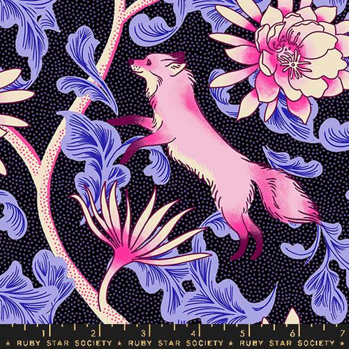 Ruby Star Society Sara Watts Moda Fabric cotton quilt bag garment black background tiny dots purple fancy leaves pink fox flowers white branches and foliage garden