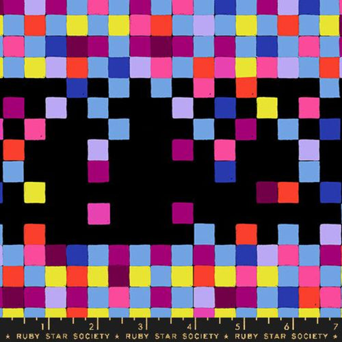 Ruby Star Society Sara Watts Moda Fabric cotton quilt bag garment pixels on black blue orange yellow pink magenta squares in geometric shapes