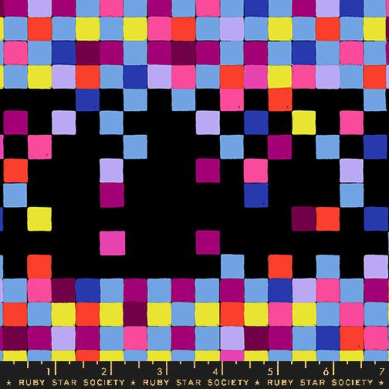 Ruby Star Society Sara Watts Moda Fabric cotton quilt bag garment pixels on black blue orange yellow pink magenta squares in geometric shapes