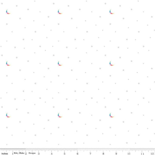 Hush Hush 3 by Riley Blake Designs Starlight by Kristy Lea soft white background tiny scattered light gray stars and rainbow fingernail moon low volume quilt quality and weight fabric