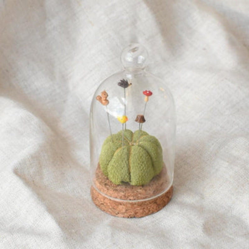 Hiro Woodland Wonder Terrarium Pincushion Pin Cushion made in Japan blown glass pins squirrel hedgehog mushroom  chick stump mossy green felted cushion cork bottom glass cloche top unique high quality gift for the sewer yellow silk cord crosshatch