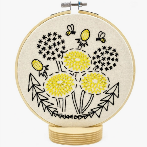 Hook Line Tinker complete embroidery kit includes hoop thread floss stitch guide dandelions and bees yellow and black 