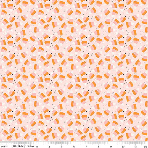 Hey Pumpkin My Minds Eye Riley Blake Design Fabrics Halloween Cotton Quilt bag garment pale blush pink background orange darker pink and white candy corn scattered tiny black stars in between