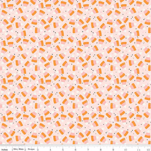 Hey Pumpkin My Minds Eye Riley Blake Design Fabrics Halloween Cotton Quilt bag garment pale blush pink background orange darker pink and white candy corn scattered tiny black stars in between