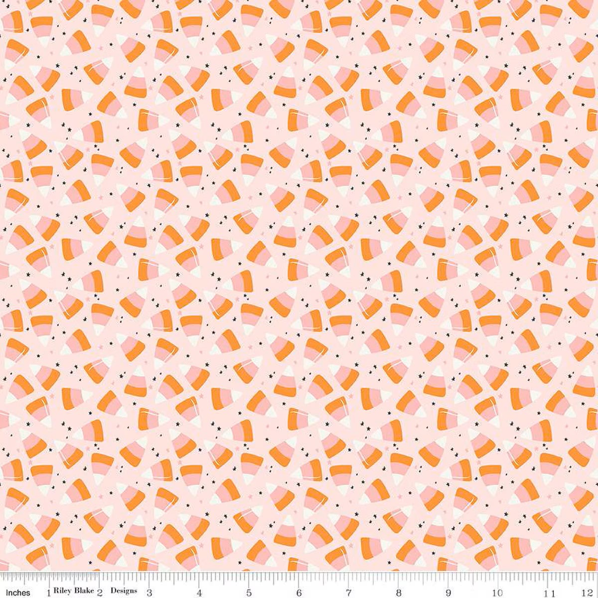 Hey Pumpkin My Minds Eye Riley Blake Design Fabrics Halloween Cotton Quilt bag garment pale blush pink background orange darker pink and white candy corn scattered tiny black stars in between