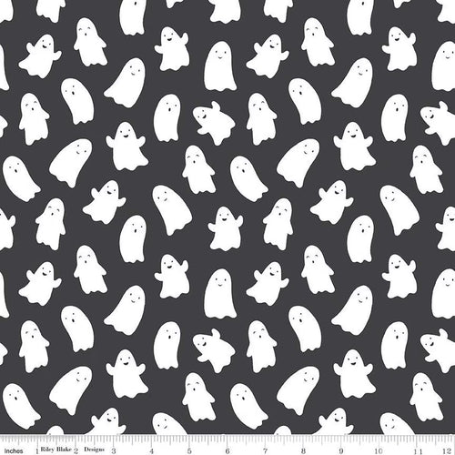 Hey Pumpkin My Minds Eye Riley Blake Designs Fabric Halloween cotton quilt bag garment charcoal black background with silly happy ghosts in various sizes