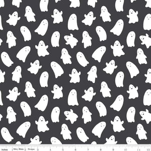 Hey Pumpkin My Minds Eye Riley Blake Designs Fabric Halloween cotton quilt bag garment charcoal black background with silly happy ghosts in various sizes