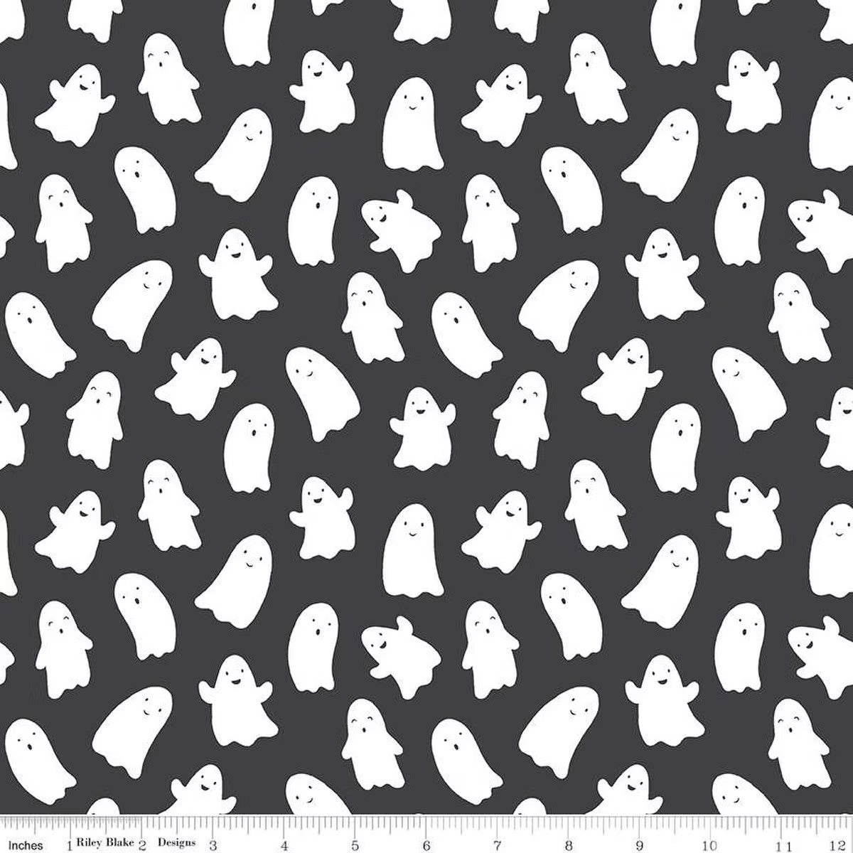 Hey Pumpkin My Minds Eye Riley Blake Designs Fabric Halloween cotton quilt bag garment charcoal black background with silly happy ghosts in various sizes