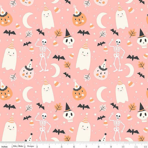 Hey Pumpkin My Minds Eye Riley Blake Designs Fabric Halloween cotton quilt bag garment pink background silly ghosts friendly skeletons bats leaves witch hats leaves candy corn orange white black different sizes tossed