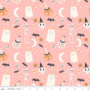 Hey Pumpkin My Minds Eye Riley Blake Designs Fabric Halloween cotton quilt bag garment pink background silly ghosts friendly skeletons bats leaves witch hats leaves candy corn orange white black different sizes tossed