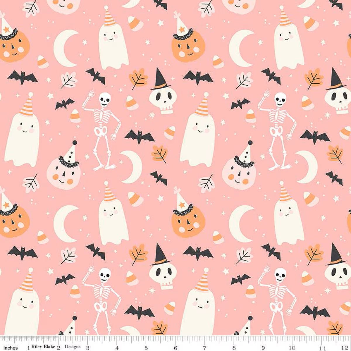 Hey Pumpkin My Minds Eye Riley Blake Designs Fabric Halloween cotton quilt bag garment pink background silly ghosts friendly skeletons bats leaves witch hats leaves candy corn orange white black different sizes tossed