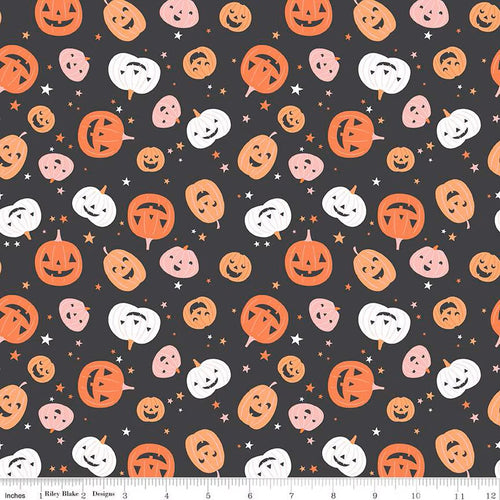 Hey Pumpkin My Minds Eye Riley Blake Designs Fabric Halloween cotton quilt bag garment charcoal black background pink white orange jack o'lanterns pumpkins small medium large tossed