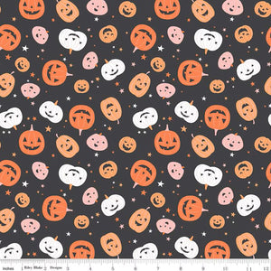 Hey Pumpkin My Minds Eye Riley Blake Designs Fabric Halloween cotton quilt bag garment charcoal black background pink white orange jack o'lanterns pumpkins small medium large tossed