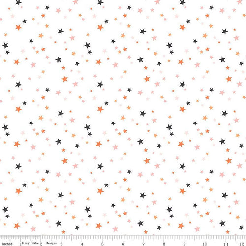 Hey Pumpkin My Minds Eye Riley Blake Designs Fabric Halloween cotton quilt bag garment white background scattered stars in different sizes tiny small medium large gold pink orange and black semi-densely clustered and tossed