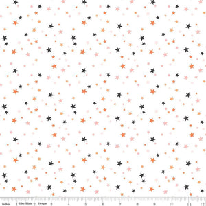 Hey Pumpkin My Minds Eye Riley Blake Designs Fabric Halloween cotton quilt bag garment white background scattered stars in different sizes tiny small medium large gold pink orange and black semi-densely clustered and tossed