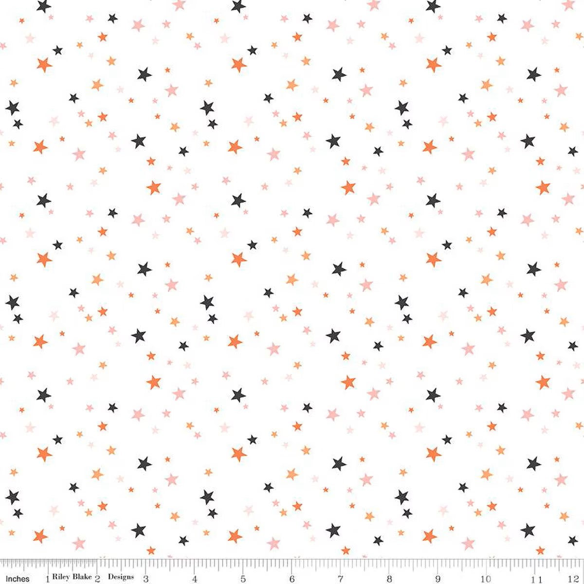 Hey Pumpkin My Minds Eye Riley Blake Designs Fabric Halloween cotton quilt bag garment white background scattered stars in different sizes tiny small medium large gold pink orange and black semi-densely clustered and tossed