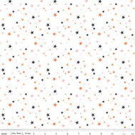 Hey Pumpkin My Minds Eye Riley Blake Designs Fabric Halloween cotton quilt bag garment white background scattered stars in different sizes tiny small medium large gold pink orange and black semi-densely clustered and tossed