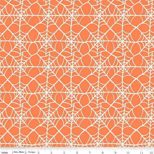 Hey Pumpkin My Minds Eye Riley Blake Designs Fabric Halloween cotton quilt bag garment orange background with white spiderwebs set in grids