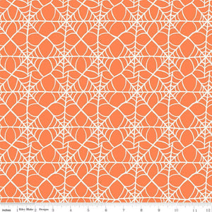 Hey Pumpkin My Minds Eye Riley Blake Designs Fabric Halloween cotton quilt bag garment orange background with white spiderwebs set in grids