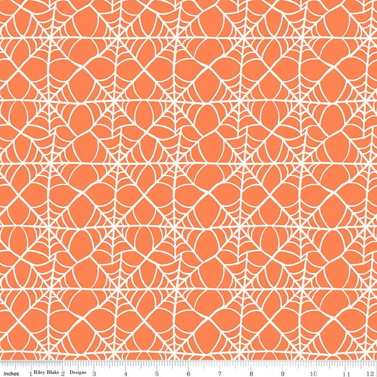 Hey Pumpkin My Minds Eye Riley Blake Designs Fabric Halloween cotton quilt bag garment orange background with white spiderwebs set in grids