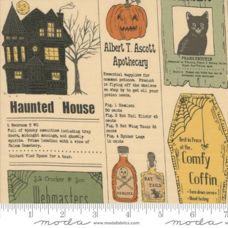 Home Sweet Haunt Stacy Hsu Moda Fabrics Halloween vintage style quilt cotton fabric bags garments newspaper text words ads spooky parchment creamyellow orange mint green