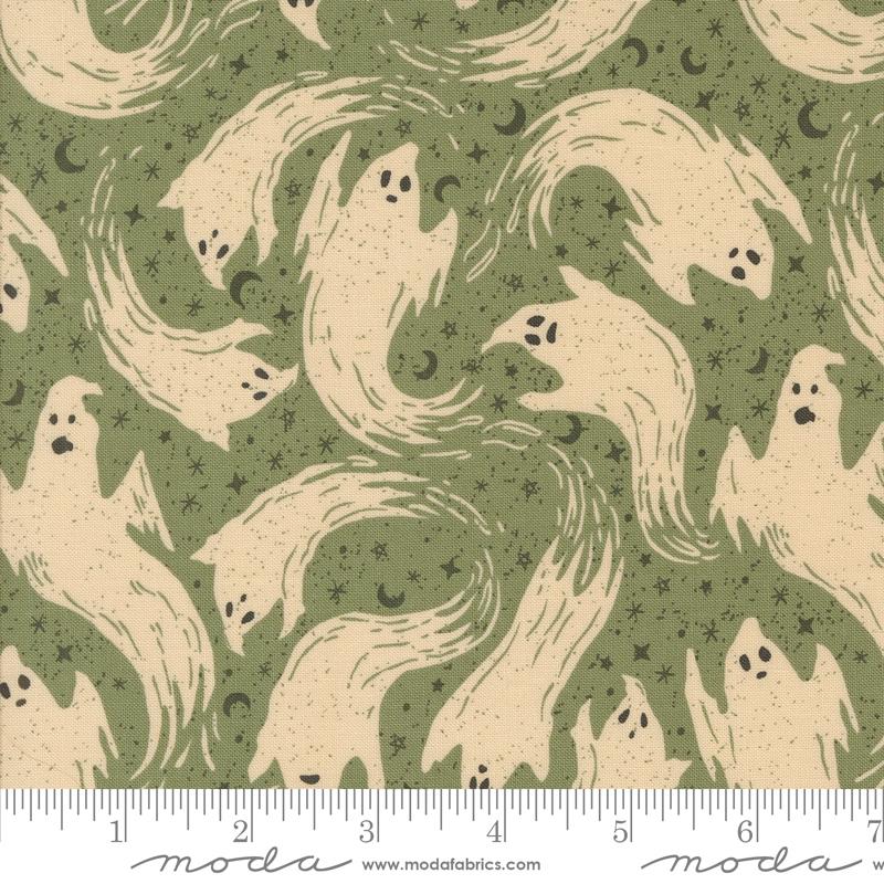 Home Sweet Haunt Stacy Hsu Moda Fabrics Halloween vintage style quilt cotton fabric bags garments banshees haints ghosts in cream on moss sage green background with tone on tone moons and stars