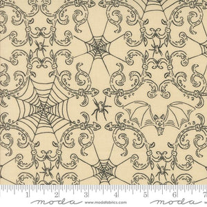 Home Sweet Haunt Stacy Hsu Moda Fabrics Halloween vintage style quilt cotton fabric bags garments bone cream background fancy scrollwork spiderwebs and spiders bats fleur d'lis 