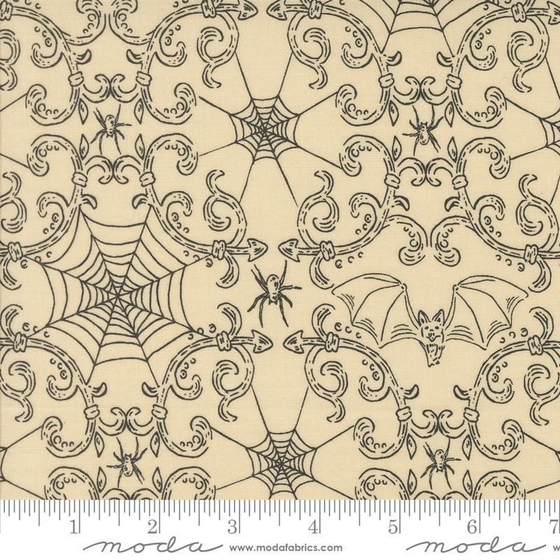 Home Sweet Haunt Stacy Hsu Moda Fabrics Halloween vintage style quilt cotton fabric bags garments bone cream background fancy scrollwork spiderwebs and spiders bats fleur d'lis 