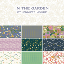 Load image into Gallery viewer, In the Garden by Jennifer Moore for Windham Fabrics periwinkle lavender green navy orange yellow cream white butterflies foliage floral birds quilt weight cotton fat quarter bundle
